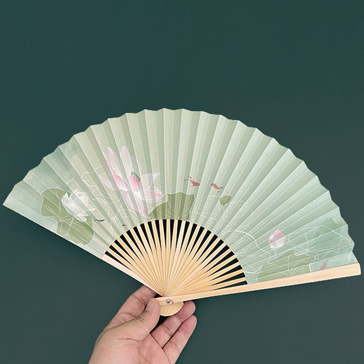 Buddha Stones Lotus Flowers Leaf Koi Fish Handheld Paper Bamboo Folding Fan