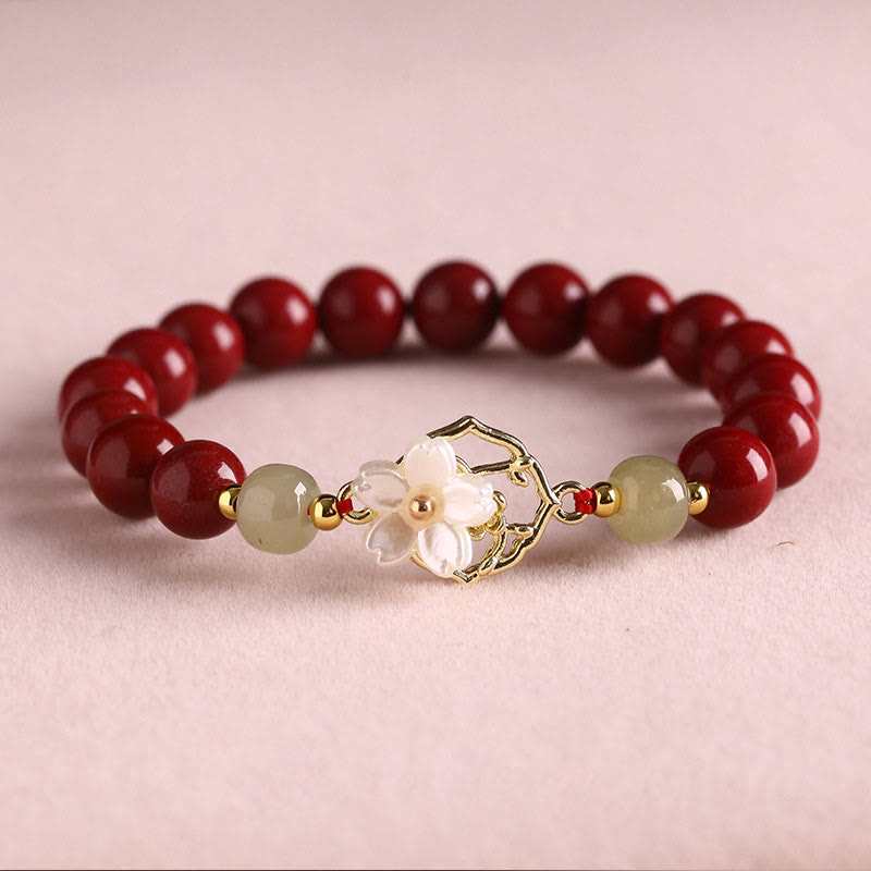 Buddha Stones Natural Cinnabar Jade Beaded Tridacna Stone Flower Blessing Bracelet