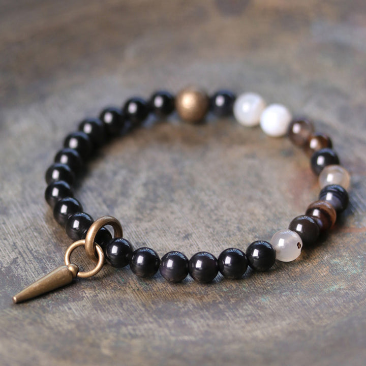 Buddha Stones Black Obsidian Sodalite Crystal Copper Strength Couple Bracelet