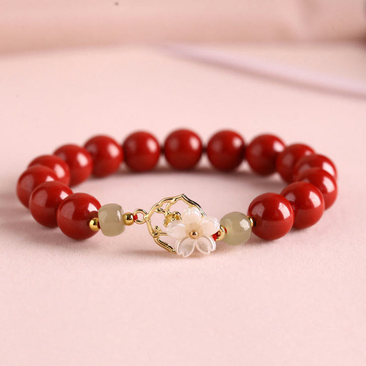 Buddha Stones Natural Cinnabar Jade Beaded Tridacna Stone Flower Blessing Bracelet