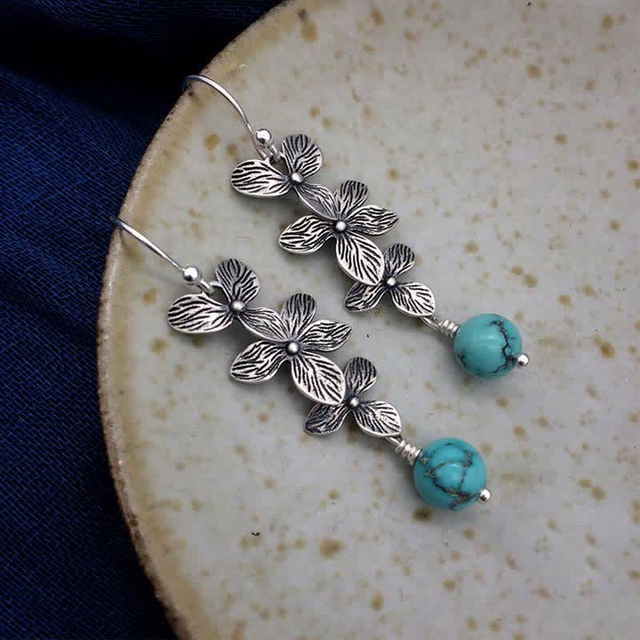 925 Sterling Silver Turquoise Lazurite Flower Leaf Serenity Protection Hook Drop Dangle Earrings