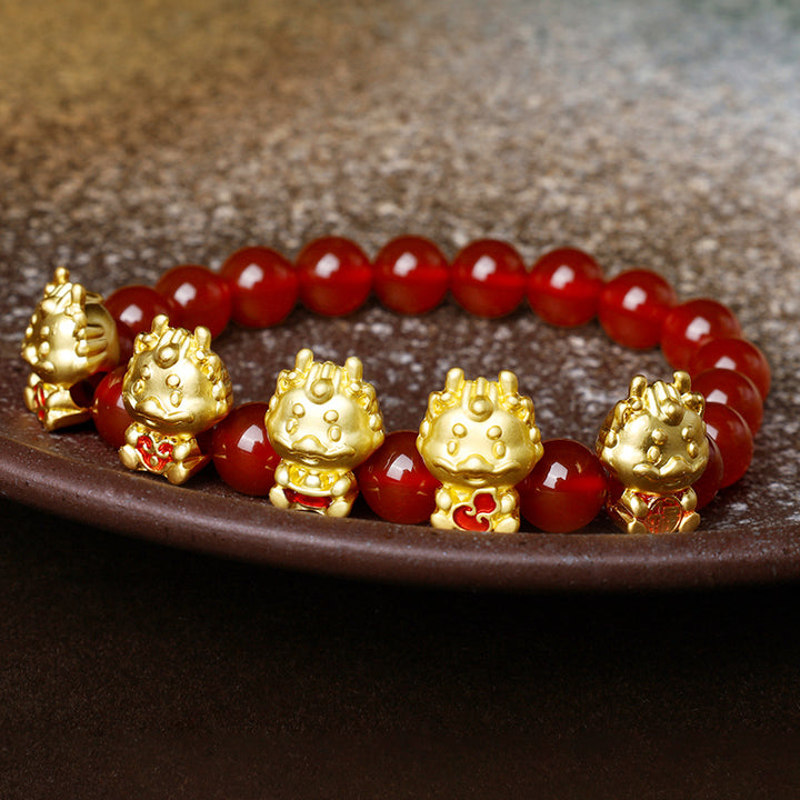 Buddha Stones Year of the Dragon Natural Red Agate Copper Coin Fu Character Protection Bracelet