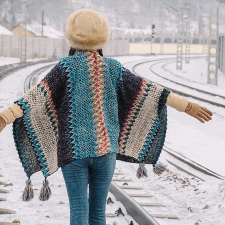 Tibetan Shawl Blue Beige Red Wavy Pattern Winter Warm Tassel Scarf