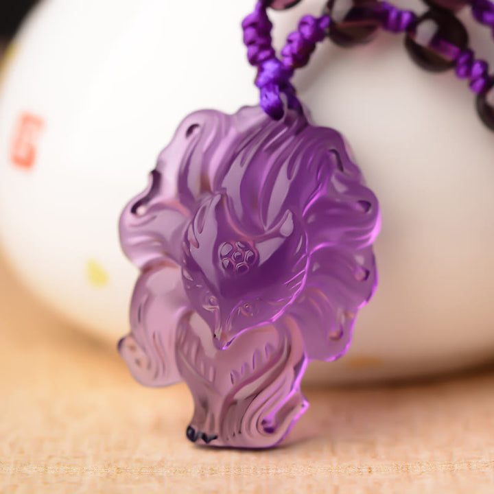 Buddha Stones Natural Amethyst White Crystal Citrine Nine Tailed Fox Luck Necklace Pendant