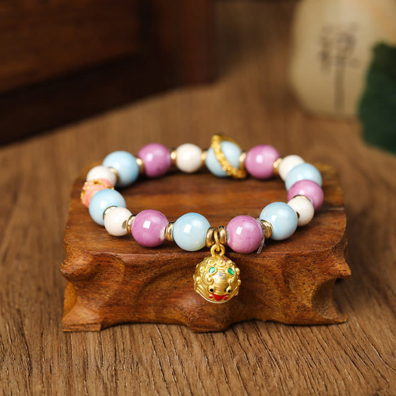 Buddha Stones Tibetan Zakiram Goddess of Wealth Rabbit Lion Head Charm Liuli Glass Incense Ash Porcelain Bead Protection Bracelet