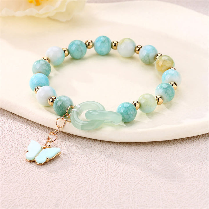 Buddha Stones Glass Bead Double Peace Buckle Butterfly Auspicious Bracelet