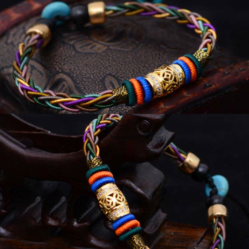 Buddha Stones Tibetan Handmade Eight Thread Knot Copper Coin Luck Weave String Bracelet