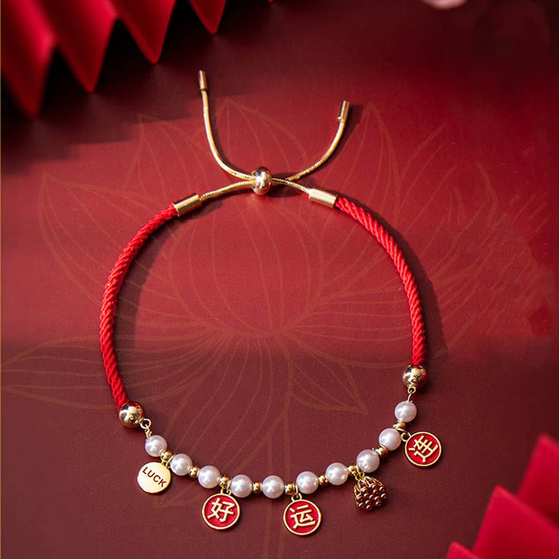 Buddha Stones Good Luck Pearl Lotus Charm Braided Red Rope Bracelet