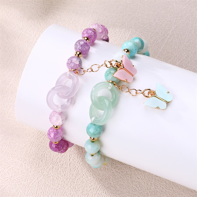 Buddha Stones Glass Bead Double Peace Buckle Butterfly Auspicious Bracelet