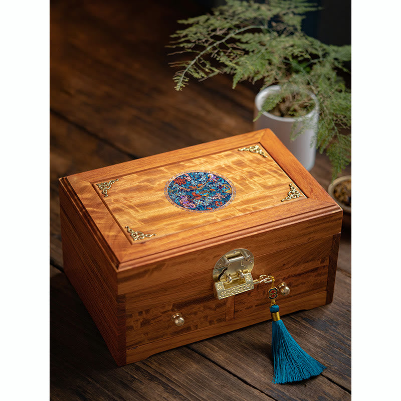 Antique Handmade Rosewood Jewelry Storage Box Lockable Large Double Layer Flower Wooden Gift Organizer Box