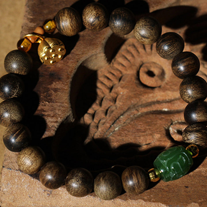 Buddha Stones 999 Gold Brunei Agarwood Cyan Jade Lotus Flower Peace Strength Bracelet