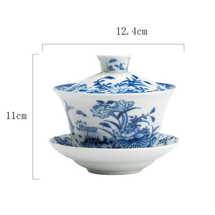 Buddha Stones Blue And White Porcelain Lotus Koi Fish Lion Dance Watermelon Ceramic Gaiwan Sancai Teacup Kung Fu Tea Cup And Saucer With Lid 300ml