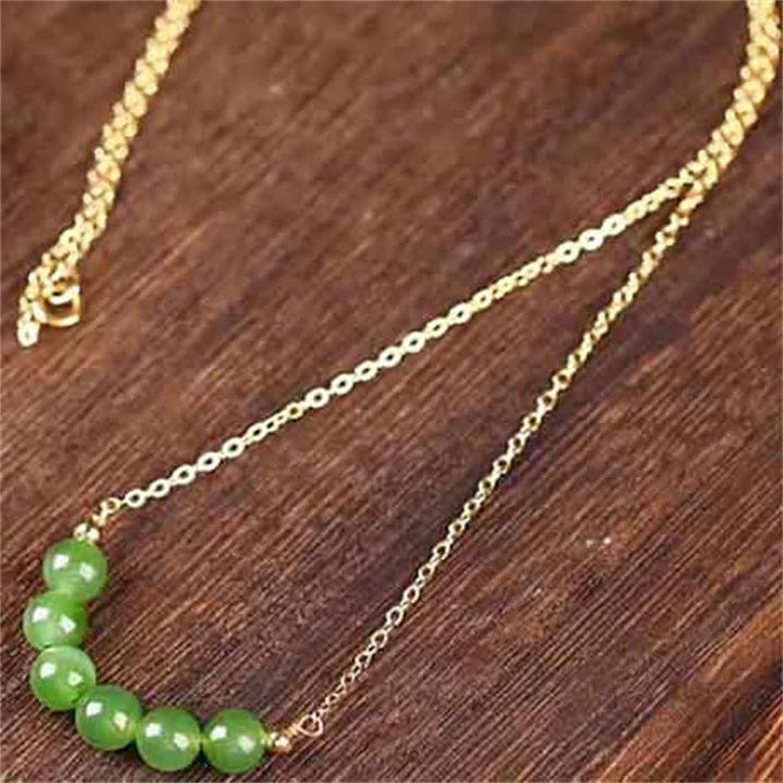 14k Gold Plated Hetian Cyan Jade Beaded Luck Necklace Pendant