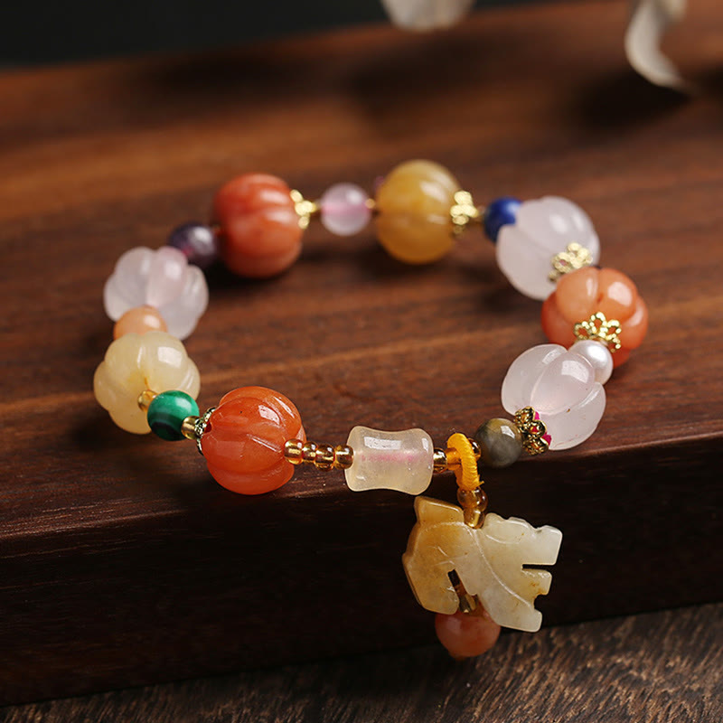 Natural Golden Silk Jade Crystals Gourd Pixiu Pumpkin Beads Wealth Charm Bracelet