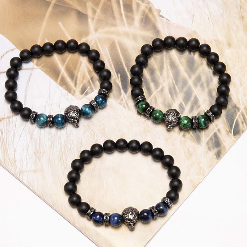 Buddha Stones Natural Tiger Eye Lazurite Wolf Head Bead Protection Bracelet