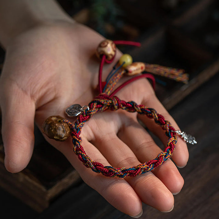 Buddha Stones Tibetan Handmade Colorful Thread 925 Sterling Silver Koi Fish Protection Strength String Bracelet