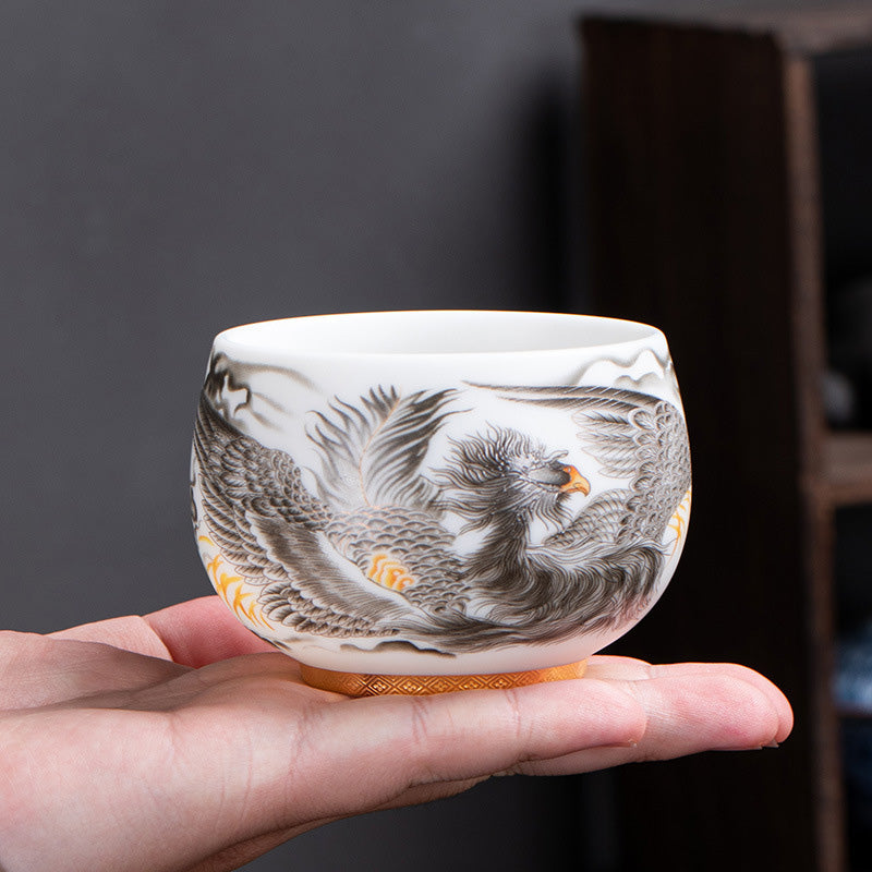 Buddha Stones Phoenix White Porcelain Ceramic Teacup Kung Fu Tea Cup 185ml With Gift Box