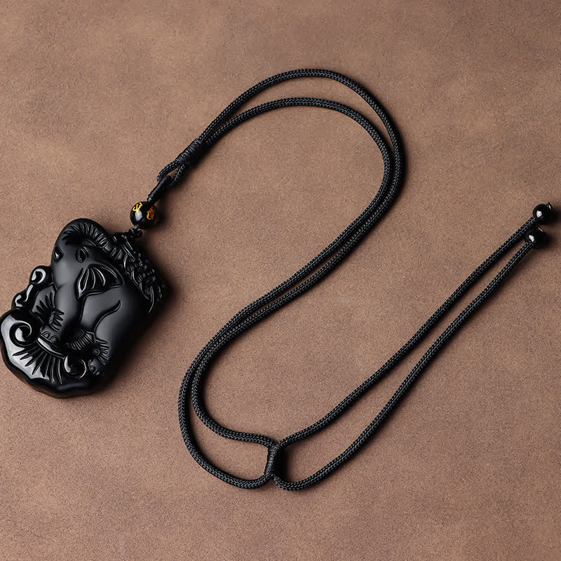 Black Obsidian Elephant Protection String Necklace Pendant Key Chain