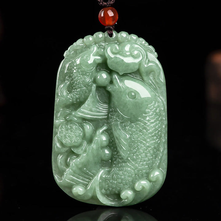 Buddha Stones Natural Jade Koi Fish Lotus Wealth Prosperity Necklace Pendant