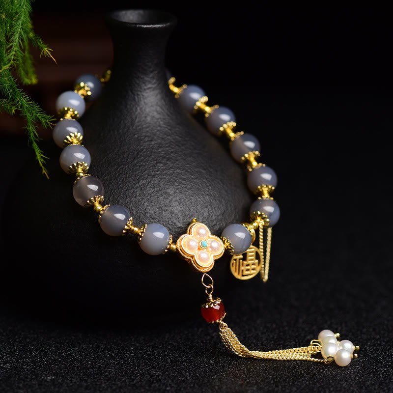 Buddha Stones Natural Gray Agate Fu Character Pearl Tassel Balance Bracelet