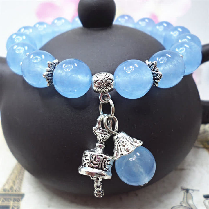 Vintage Crystal Chalcedony Stone Energy Beaded Bell Charm Bracelet