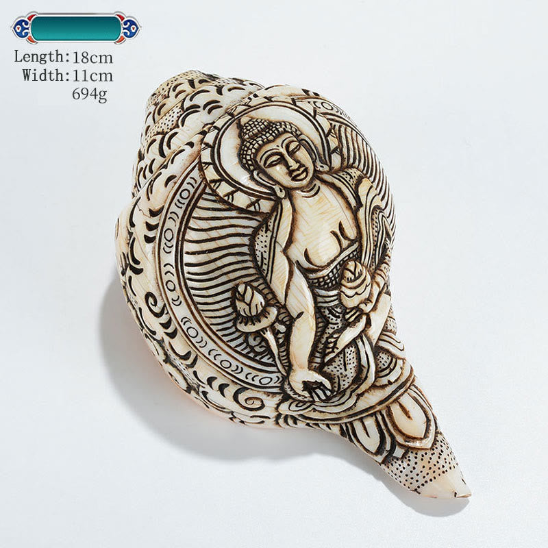 Tibetan Handmade Engraved Shankha Buddha Avalokitesvara Conch Shell Wealth Decoration