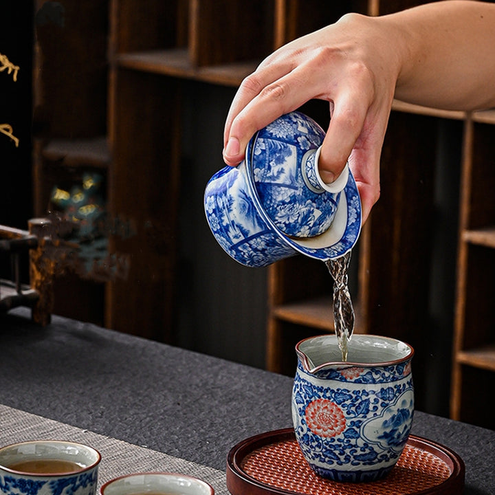 Buddha Stones Jingdezhen Dragon Phoenix Pavilion Pine Flower Ceramic Gaiwan Sancai Teacup Kung Fu Tea Cup And Saucer With Lid 170ml