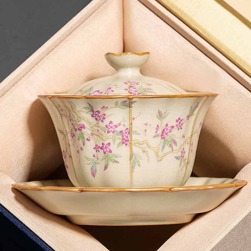 Buddha Stones Beige Plum Blossom Shape Peach Branch Ceramic Gaiwan Sancai Teacup Kung Fu Tea Cup With Lid