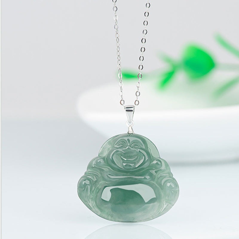 925 Sterling Silver Laughing Buddha Jade Protection Calm Necklace Chain Pendant