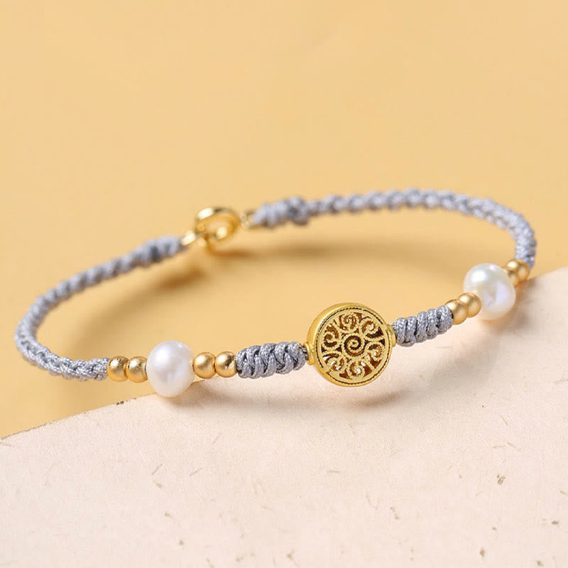 Buddha Stones Copper Coin Fortune Tree Pearl Luck Blue Rope Braided Bracelet