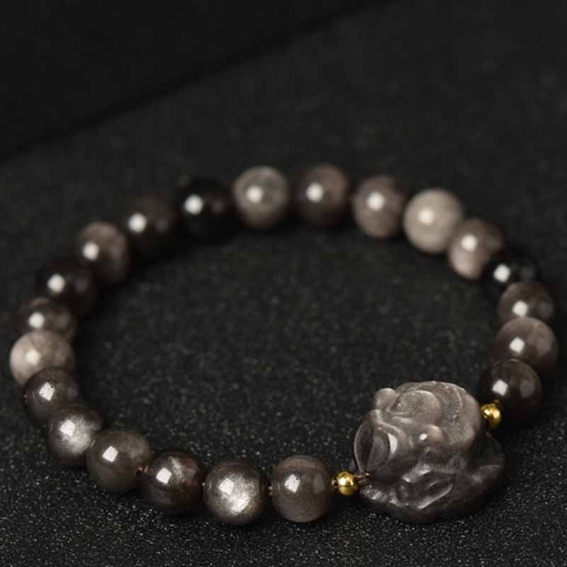 Buddha Stones Silver Sheen Obsidian Lotus Flower Nine Tailed Fox Laughing Buddha Protection Bracelet