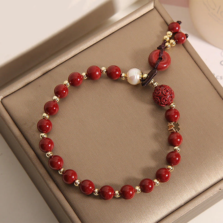 Buddha Stones Natural Cinnabar Peace Buckle Copper Coin Charm Blessing Bracelet