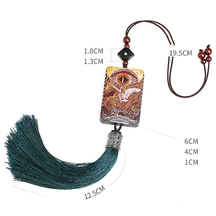 Buddha Stones Vintage Handmade Auspicious Crane Ebony Wood Balance Tassel Car Hanging Decoration