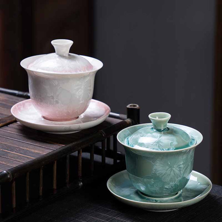 Buddha Stones Traditional Glaze Ceramic Gaiwan Sancai Teacup Kung Fu Tea Cup And Saucer With Lid 180ml