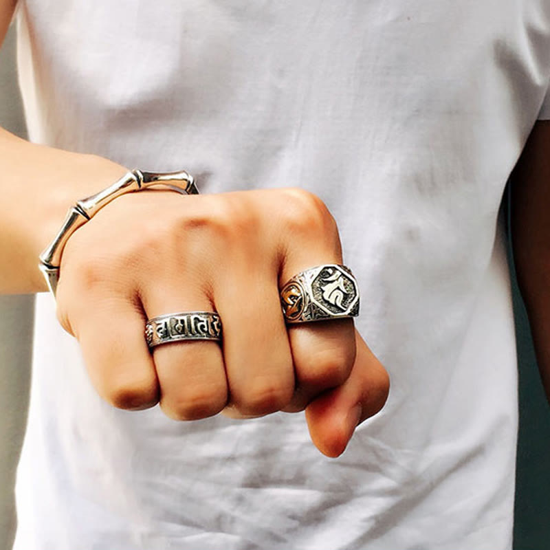 Buddha Stones 925 Sterling Silver Sanskrit Design Carved Protection Adjustable Ring