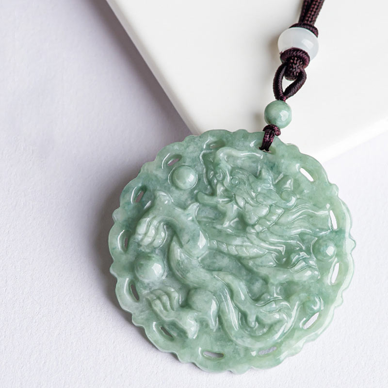 Chinese Zodiac Dragon Phoenix Round Jade Luck Necklace String Pendant