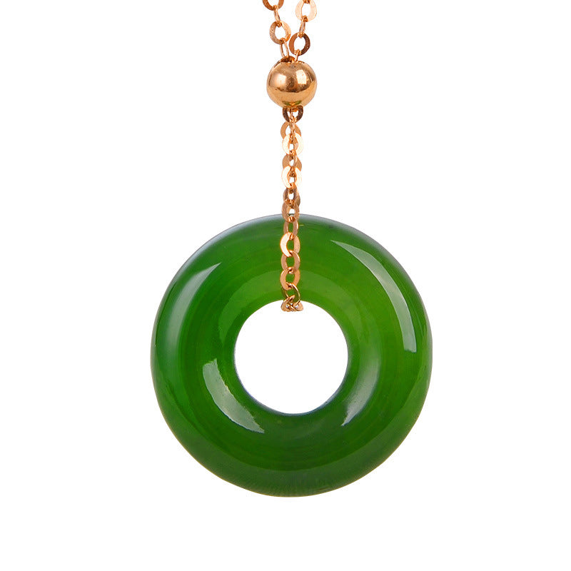 Round Cyan Jade Healing 14K Gold Necklace Pendant