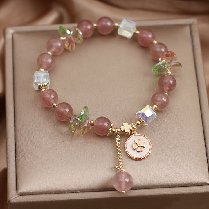 Buddha Stones Strawberry Quartz Lucky Four Leaf Clover Healing Charm Bracelet