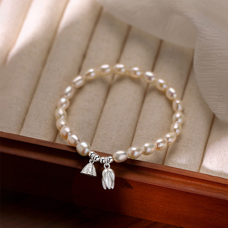 Buddha Stones 999 Sterling Silver Lotus Flower Pod Natural Pearl Healing Bracelet