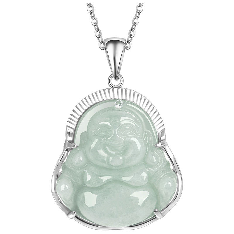 Buddha Stones '925 Sterling Silver Laughing Buddha Jade Luck Calm Necklace Chain Pendant