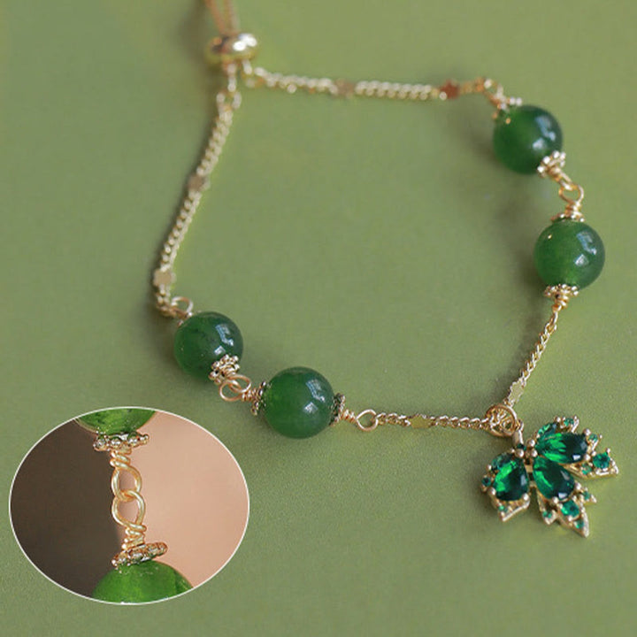 Buddha Stones 14k Gold Plated Green Chalcedony Maple Leaf Courage Strength Bracelet