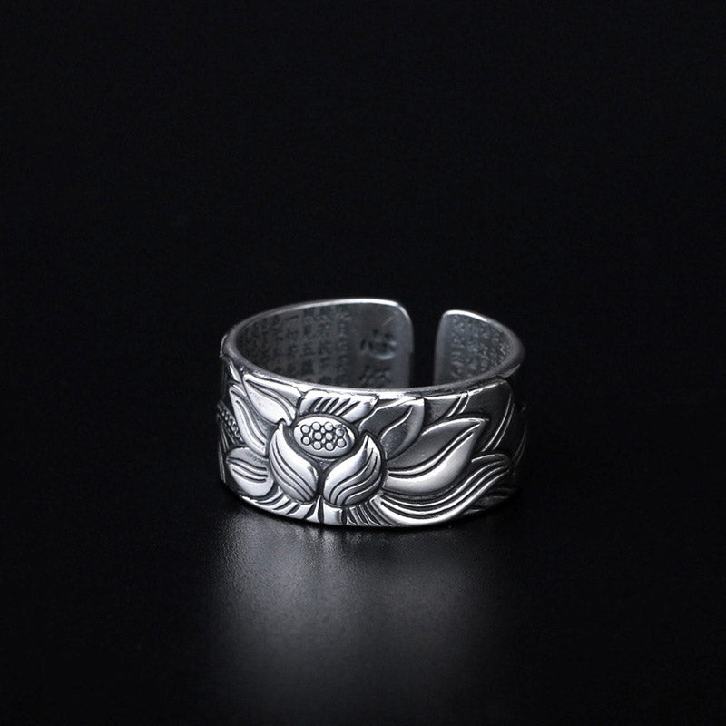 Buddha Stones Tibetan Lotus White Copper Enlightenment Ring