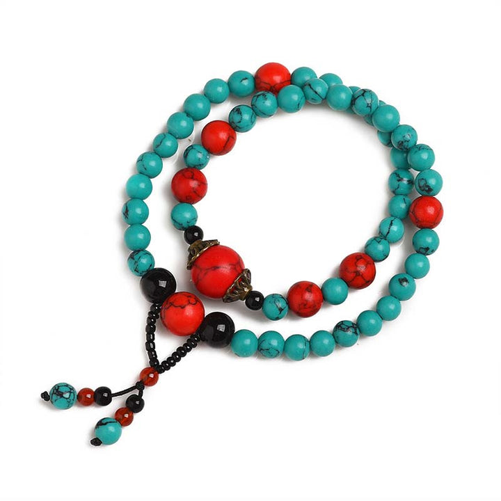 Buddha Stones Turquoise Black Onyx Red Turquoise Bead Protection Bracelet