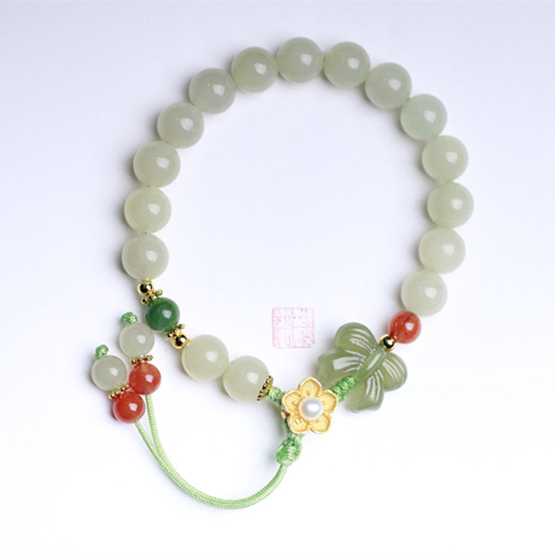 925 Sterling Silver Jade Luck Flower Butterfly Bracelet