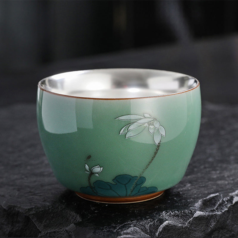 Buddha Stones 999 Sterling Silver Gilding Butterfly Goldfish Lotus Koi Fish Ceramic Teacup Kung Fu Tea Cup 120ml