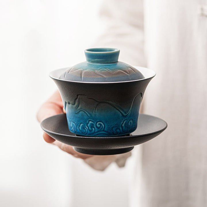 Buddha Stones Retro Blue Ocean Sea Waves Gradient Ceramic Gaiwan Sancai Teacup Kung Fu Tea Cup And Saucer With Lid