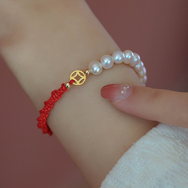 14K Gold Plated Pearl Bead Luck Protection Braid Red String Bracelet