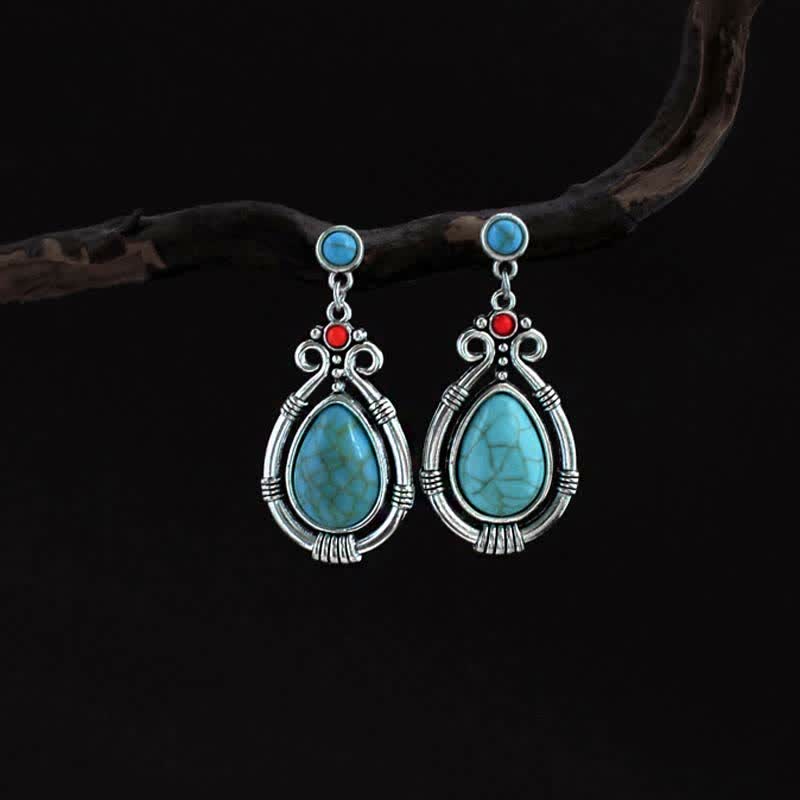 Tibet Vintage Turquoise Waterdrop Strength Drop Dangle Earrings Clips