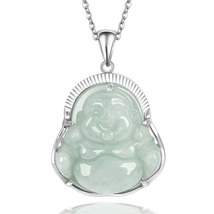 Buddha Stones '925 Sterling Silver Laughing Buddha Jade Luck Calm Necklace Chain Pendant