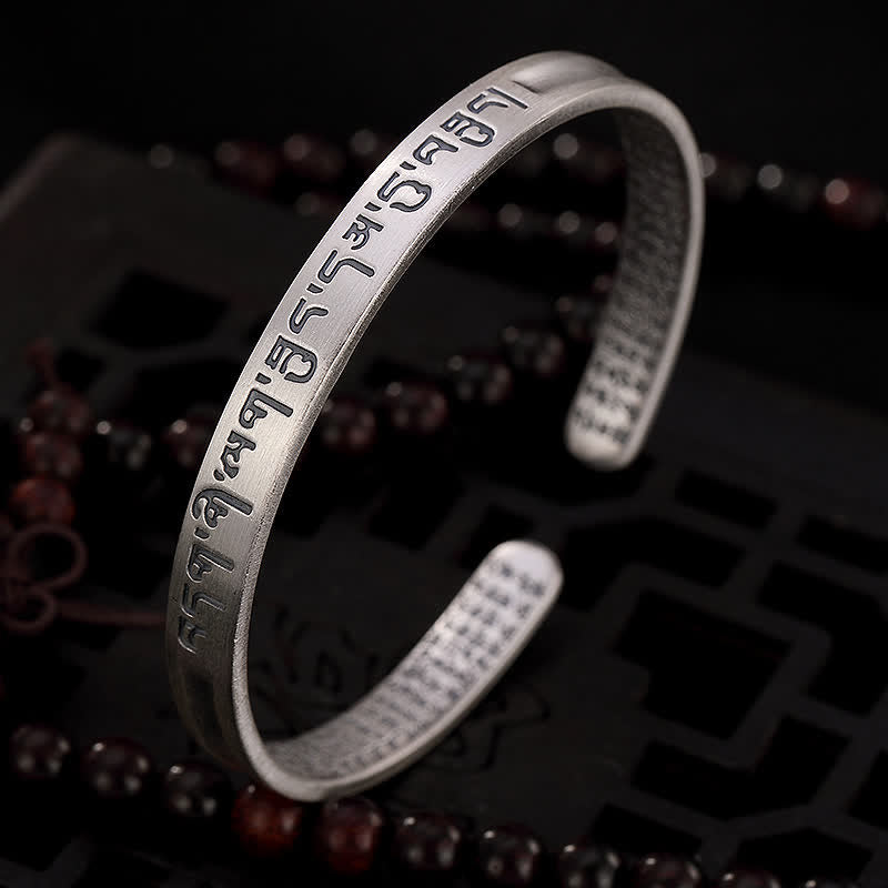 999 Sterling Silver Six True Words Heart Sutra Protection Bracelet Bangle